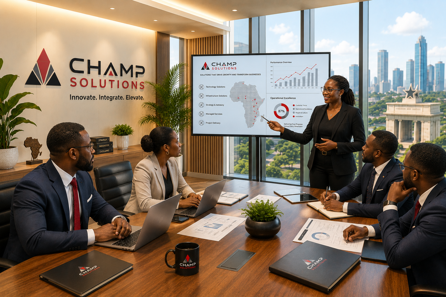 CHAMP Solutions team collaborating in a modern office overlooking Accra